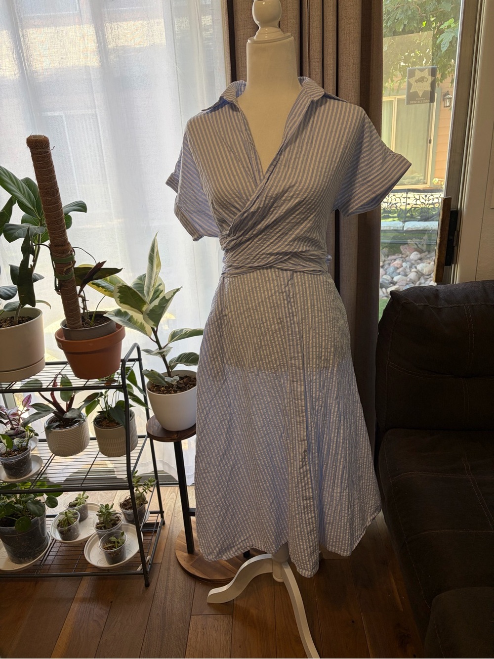 Mable Light Blue & White Striped Wrap Midi Dress by